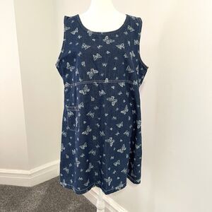 Vintage DPS Denim Dress Womens Large Sleeveless Butterfly Print Patch Pocket